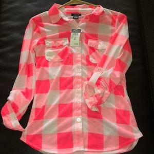 Bright pink long sleeve button down plaid shirt